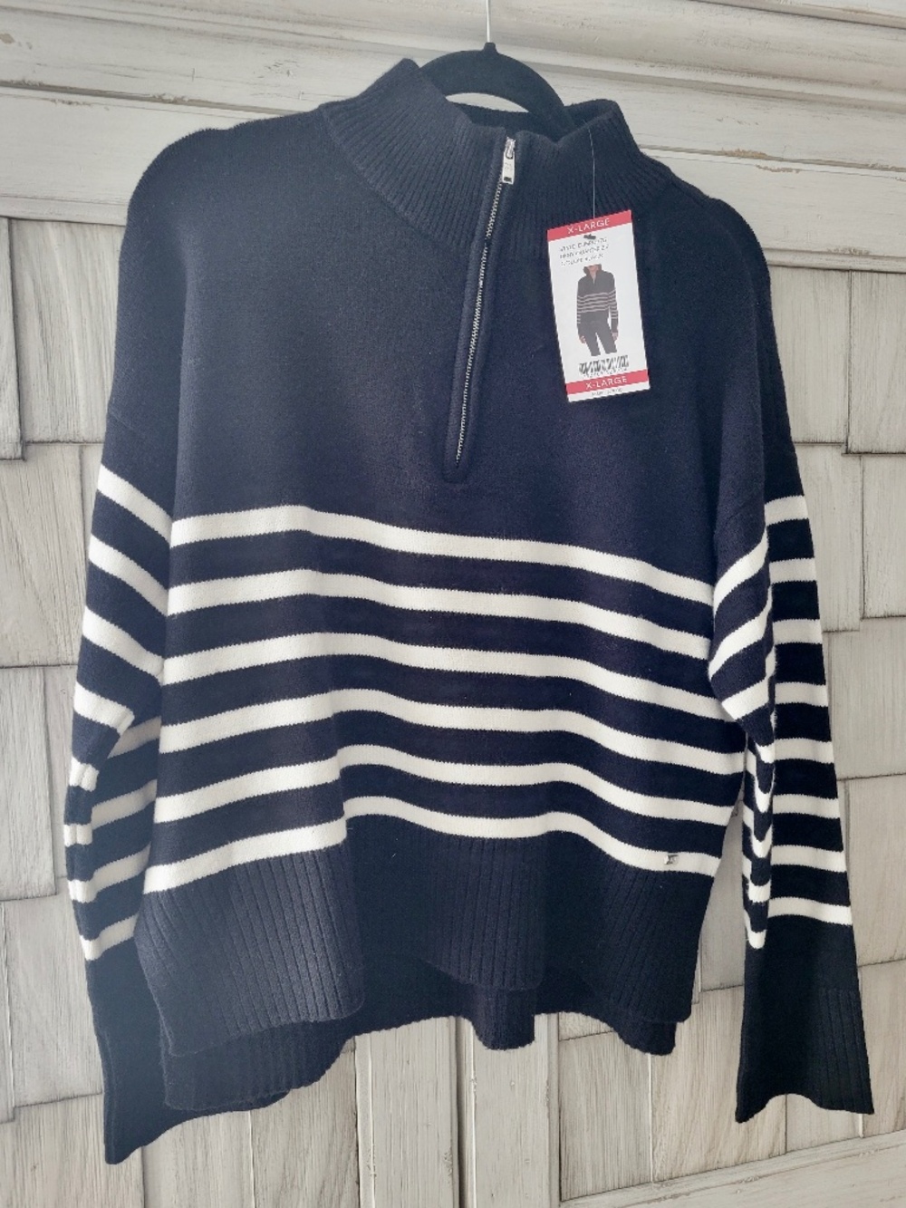 DKNY Women's Quarter Zip Striped Turtle Neck Sweater Size XL Black/White